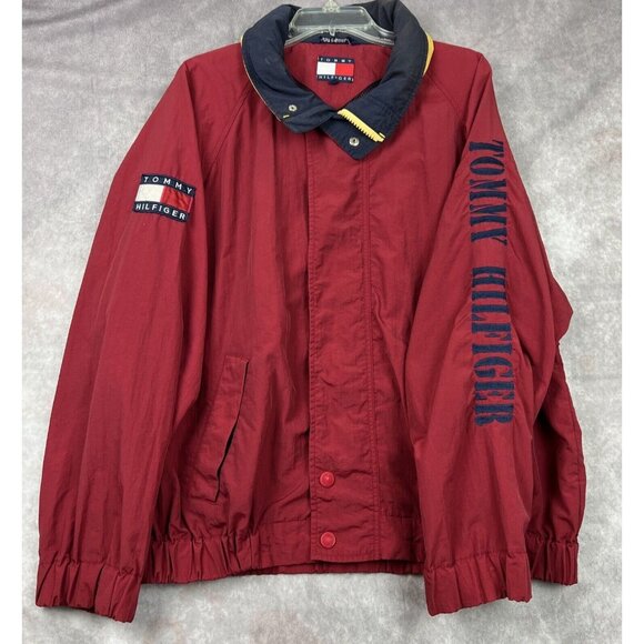 VTG 90s TOMMY HILFIGER Red Blue Colorblock Spellout Wind Rain Jacket Hoodie XL - Picture 1 of 13